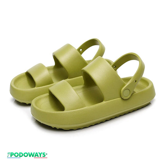 Sandales orthopédiques pour les pieds plats, coloris vert, corrige la pronation excessive et réduit les douleurs associées aux pieds plats.