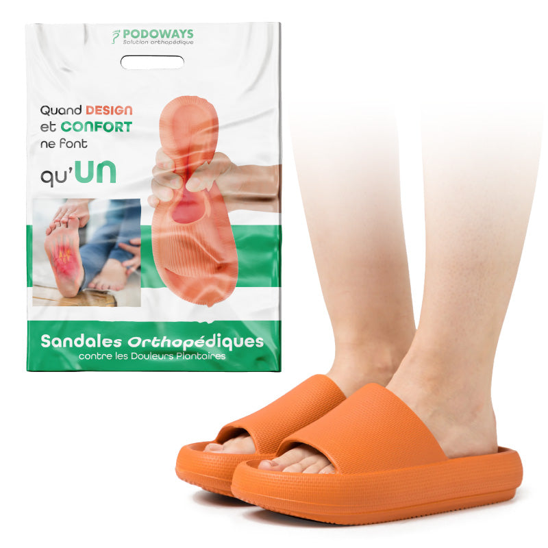 Sandales Orthopédiques contre les Douleurs Plantaires orange - vue du produit porté avec son emballage