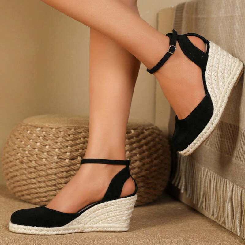 Espadrilles femmes noires talon en corde Podoways