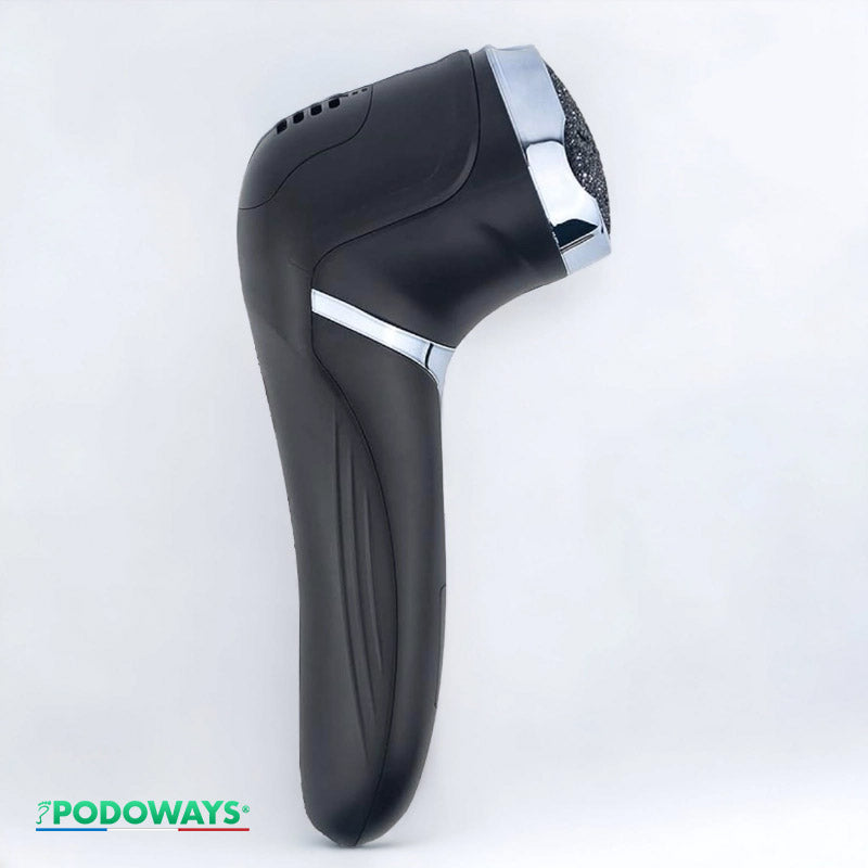 Râpe électrique pour pieds professionnelle - Outil vu de droite mettant en avant la forme ergonomique de l'appareil, pour une prise en main facile